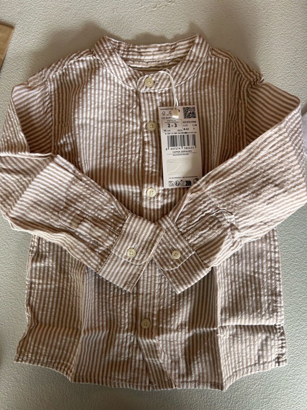 Mango Kids Striped Button-Down Shirt in Beige and White